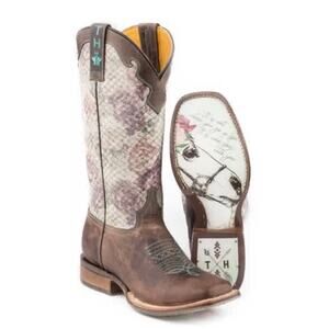Tin Haul Brown Leather & Light Pink/Gray Snakeskin Inlay Western Boots